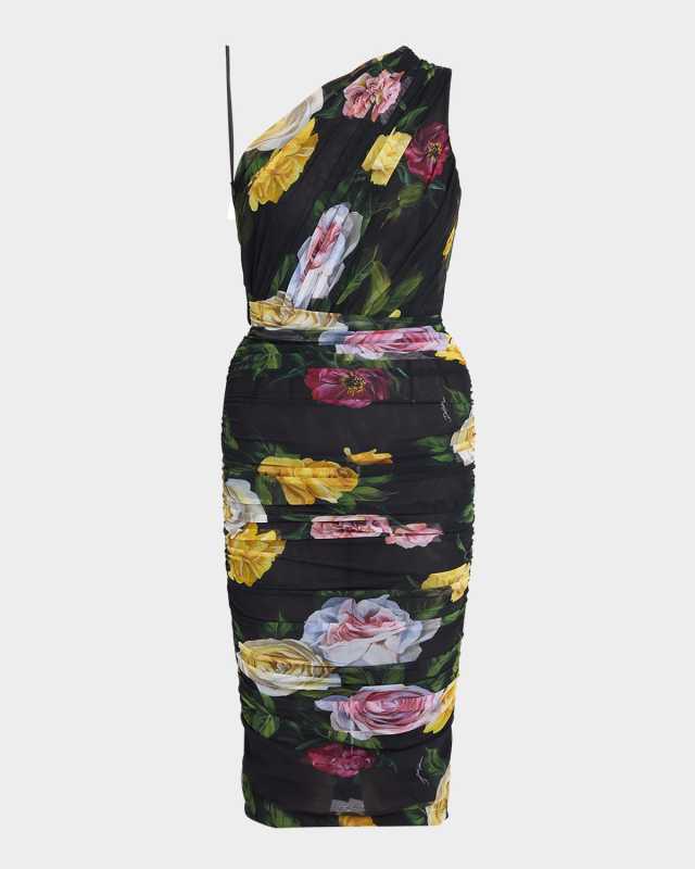 Peony Rose-Print One-Shoulder Ruched Tulle Dress